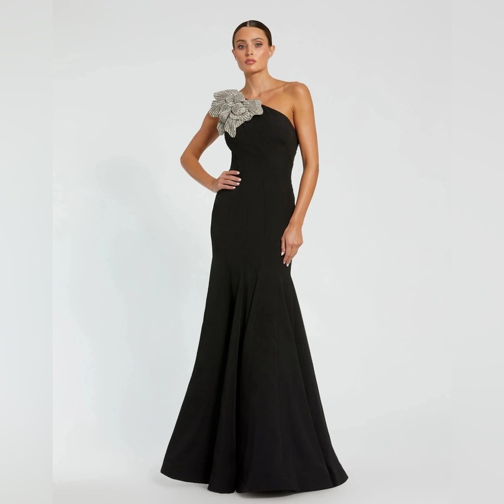 New Mac Duggal Black Crepe One Shoulder Gown With Crystal Flower